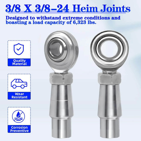 3/8 x 3/8-24 Heim Joint Rod End Kit with RH and LH Threads, Chromoly joints with bung and misalignment spacers, front view