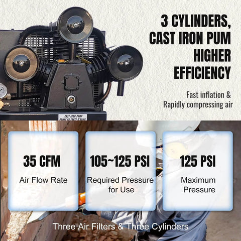 Close-up of 3-cylinder cast iron pump on HPDMC 13HP Gas Powered Air Compressor, showing efficiency details, 125 PSI capability.