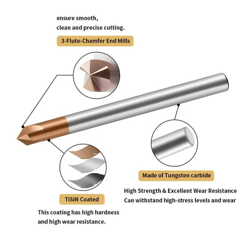 Carbide Chamfer End Mill 3 Flute TiSiN Coated CNC Carving Bit With V Groove 90 Degree Cut for Steel Aluminum Alloys D6x50mm