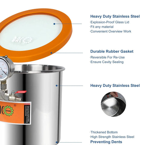 3 Gallon Pro Grade Tempered Glass Lid Vacuum Chamber Kit with stainless steel chamber, ideal for stabilizing wood and degassing by BACOENG.