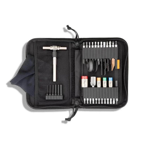 Open view of 3-Gun Maintenance Kit with Individual Torque Limiters in a black case, showing T-handle and various 1/4-inch bits.