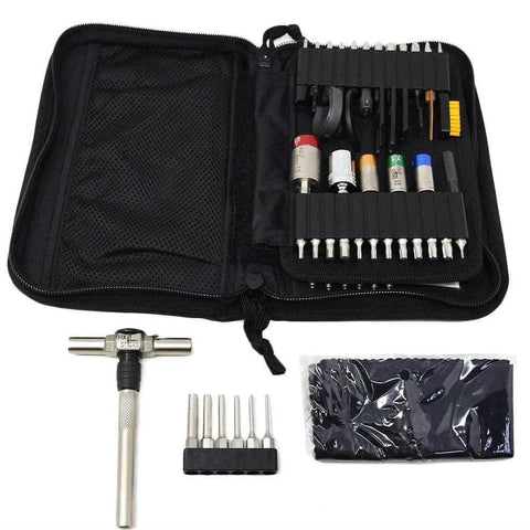 Open 3-Gun Maintenance Kit with Individual Torque Limiters showing tools, T-handle, bits, and carry case for gun care.