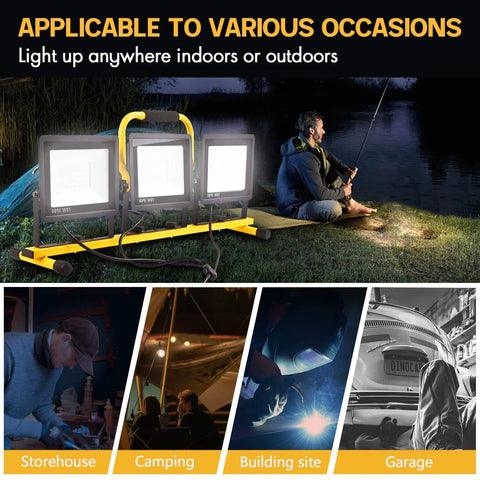 Ultra Bright 3 Head LED Work Light With Stand, 22000 Lumen Tripod Work Light For Outdoor And Indoor Job Sites, IP66 Waterproof setup.