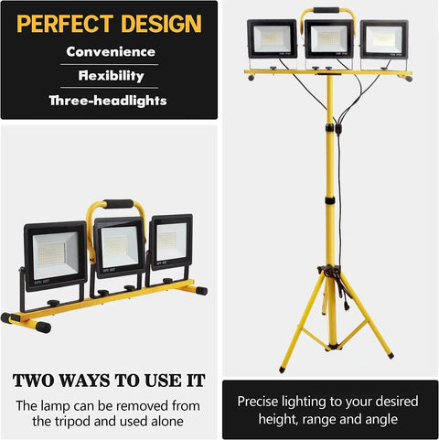 Ultra Bright 3 Head LED Work Light With Stand, 22000 Lumen Tripod Work Light For Outdoor And Indoor Job Sites, IP66 Waterproof, 6500K Daylight White