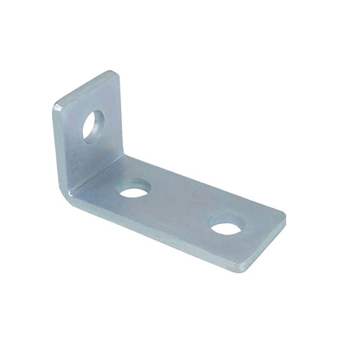 Three hole ninety degree L shaped fitting bracket for metal framing delivers quick, solid corner connections compatible with half inch bolts in one and five eighths inch strut channel, 12 pack. Front view of galvanized steel bracket.