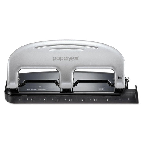 EZ Squeeze 3 Hole Punch 20 Sheet Capacity No Jam Technology with integrated ruler and metal body, front view