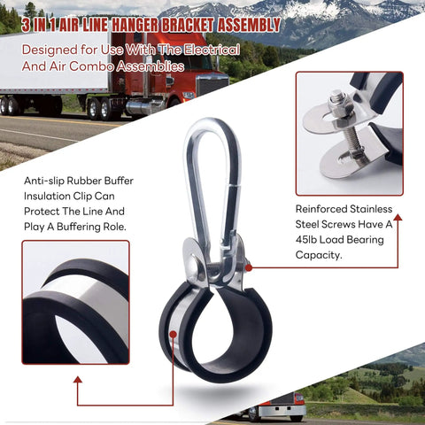 3 in 1 air line hanger bracket assembly for electrical and air combo on semi trucks with anti-slip rubber clip