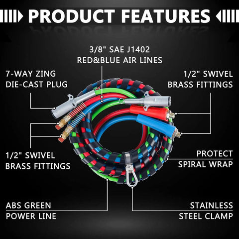 12 Ft 3 In ABS Power Air Line Hoses Kit For Semi Truck With Glad Hands Tender Spring Kit Stainless Clamps Rubber Seals 2 Glad Hands 3 In 1 Air Line System For Tractor Trailer Ready To Roll, coiled hoses with fittings and clamps