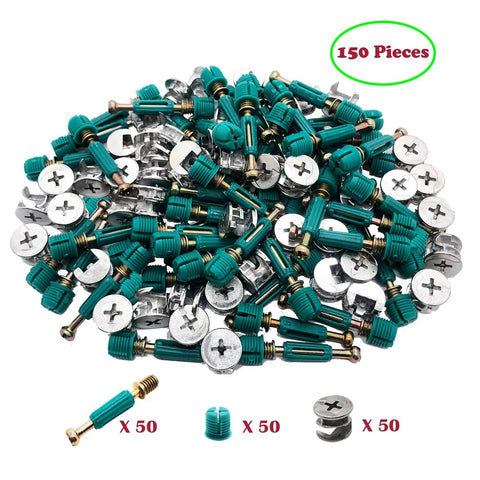 Effortless furniture assembly with a 50 set 3 in 1 cam lock hardware kit, featuring dowels, pre inserted nuts and cam lock nuts