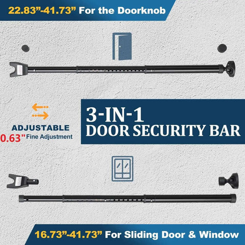 Three In One Door Security Bar For Doors Windows And Sliding Patios Beefy Heavy Duty Metal Rod With Two Point Eight Inch Non Slip Base 16 To 41.7 Inch Adjustable Barricade