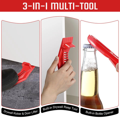 3-in-1 tool showing "✝️ 2 Pack Drywall Lift Tools, All Metal Sheetrock Lift with Built in Drywall Rasp & Bottle Opener" in use.