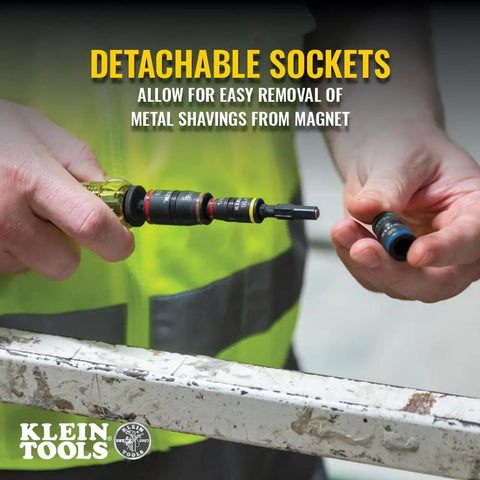 Hands holding Klein Tools 3-In-1 Flip Impact Socket Set with detachable sockets in a workshop setting.