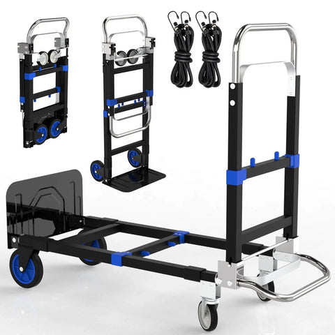3 In 1 Collapsible Heavy Duty Hand Truck Dolly Cart With Wheels And Straps Folding Two Or Four Wheel Convertible Carrier Portable Adjustable Load Cart For Boxes Cartons And Shopping Handles Up To 500 Lbs