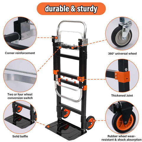 Upgraded 3 in 1 Folding Hand Truck with reinforced joints and rubber wheels, collapsible handle, for heavy duty moving tasks
