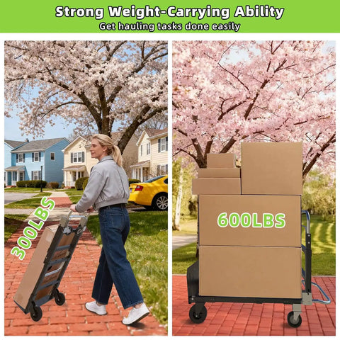 Person using 3 In 1 Folding Hand Truck With Retractable Handle And Four Rubber Wheels Heavy Duty Collapsible Cart 600 Lbs Capacity