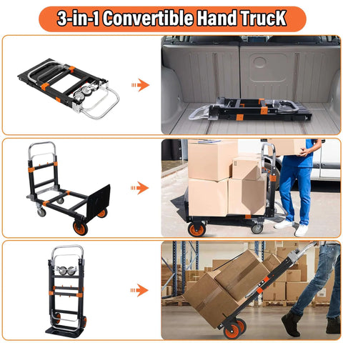 Upgraded 3 in 1 Folding Hand Truck, 500lbs Capacity Convertible Dolly with Rubber Wheels shown in various configurations