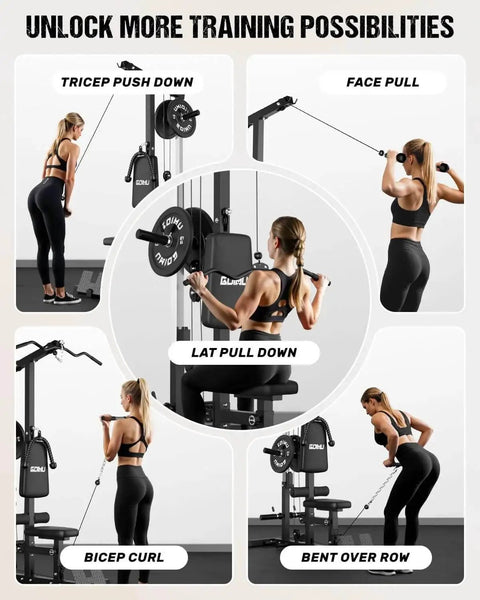 Multiple exercises demonstration using 3 In 1 Pulley Station For Home Gym With Lat Pulldown Overhead Movements, Low Row And AB Crunch.