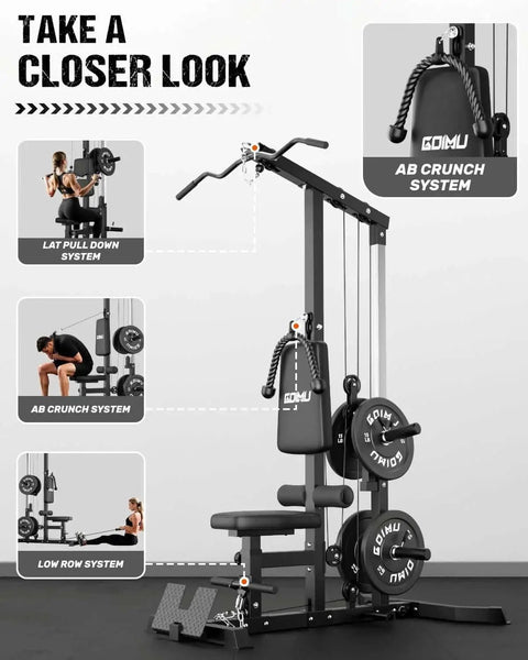 3 In 1 Pulley Station For Home Gym With Lat Pulldown Overhead Movements, Low Row And AB Crunch, cable row attachment, close-up view