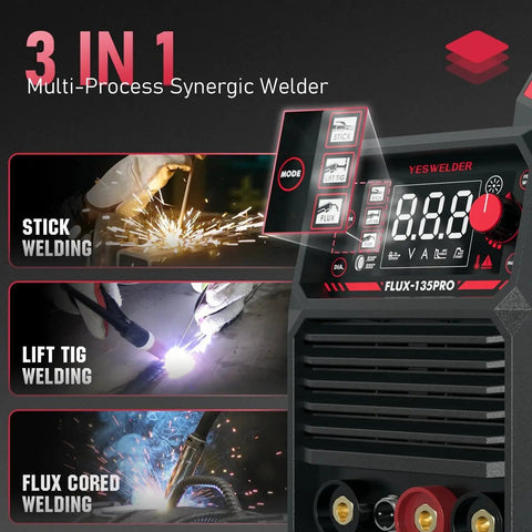 3 In 1 135 Amp MIG Welder With Flux Core 110V IGBT Inverter display and welding modes