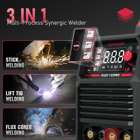 Display of All In One Flux Core MIG Welder Bundle With Auto Darkening Blue Light Blocking Helmet 135 Amp 110V by YESWELDER