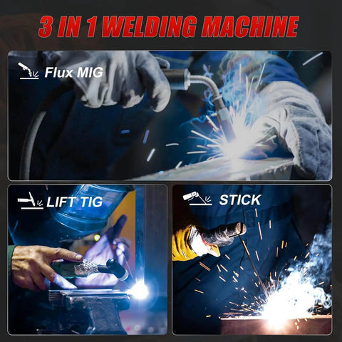 3 in 1 MIG TIG Stick Welder for Home DIY and Metal Repair showing Flux MIG, Lift TIG, and Stick welding techniques
