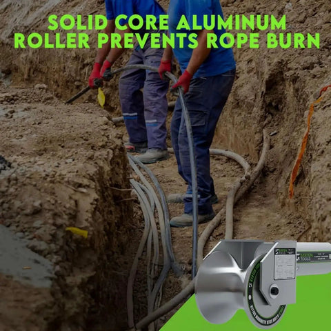 Workers using 3 Inch Feeding Sheave For Greenlee Tuggers 640 6801 6001 in trench with aluminum roller for conduit feeding.
