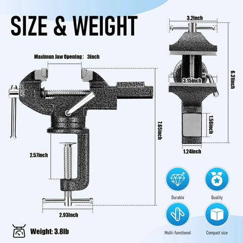 3 Inch Bench Vise Heavy Duty Clamp On With Anvil And 360 Degree Swivel Base showing size and dimensions