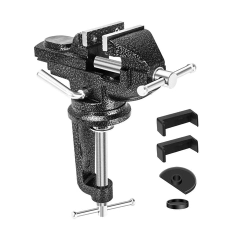 3 Inch Bench Vise Heavy Duty Clamp On With Anvil And 360 Degree Swivel Base, black metal construction, portable vise for workbench use