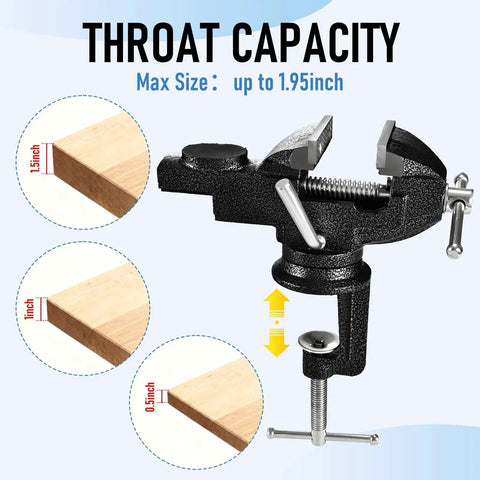3 Inch Bench Vise Heavy Duty Clamp On With Anvil And 360 Degree Swivel Base, showing 1.95-inch throat capacity and wood thicknesses.