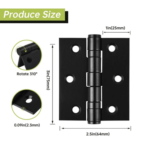 6-Pack Black Door Hinges dimensions, 3 Inch Heavy Duty Stainless Steel Hinge for Interior Exterior Doors with Matte Black Finish.