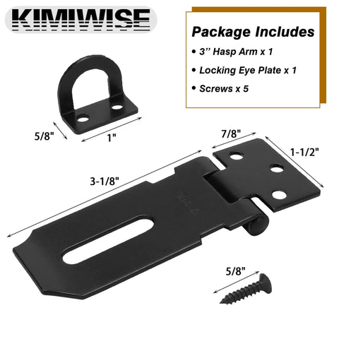 Black 3 Inch Stainless Steel Heavy Duty Door Hasp Latch With Screws For Personal Privacy And Security Protection, Rust Resistant 304 Stainless Steel Padlock Latch Designed For Outdoor Use And Long Lasting Durability, with dimensions and parts included.