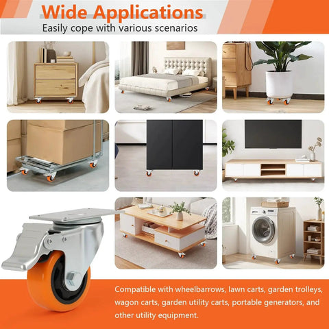 Collage of 3-Inch Caster Set 4 Pieces With Brake And Fixed Wheel Combination in various applications for furniture and equipment mobility