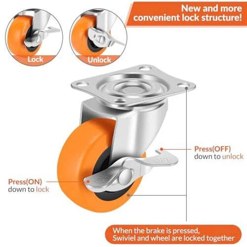 3 Inch Heavy Duty Caster Wheels Set of 16 with Brake, showing locking swivel plate mechanism and polyurethane wheel