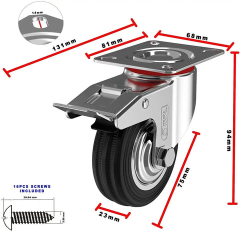 3 Inch Heavy Duty Caster Wheels With Two Brakes And Screws Set Of 4 Silent Rubber Castors For Furniture detail view with dimensions