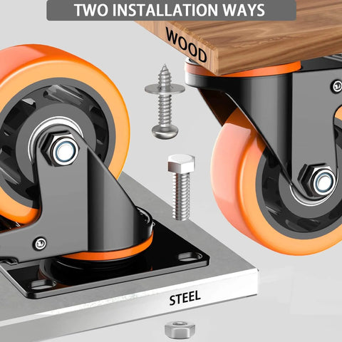 3 inch heavy duty caster wheels set of 4 with locking brakes, installed on steel and wood surfaces, hardware kits shown