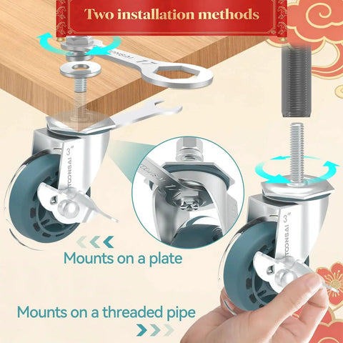 Three Inch Caster Wheels Set Of Four With Threaded Stem Three Eighth Inch By Sixteen UNC By One Point Five Inch Heavy Duty Bolt Castors for Metal Wire Shelves showing installation methods