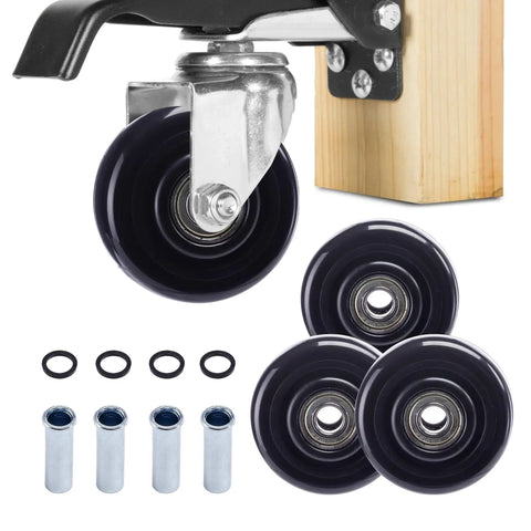 3 Inch Caster Wheels 4 Pack Heavy Duty PU Board Caster For Cart Dollies Replacement Wheels, close-up showing wheels and mounting bits
