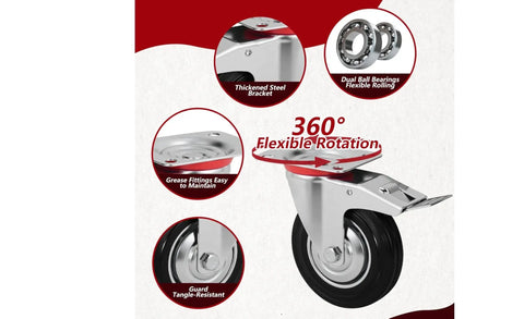 3 Inch Heavy Duty Caster Wheels Set Of 4 With Brakes, 360 Degree Swivel Locking Casters In Non Marking Polyurethane Rubber, Black Finish
