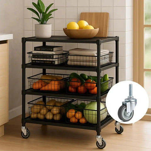 Heavy Duty 3 Inch Swivel Stem Casters Set Of 4 With Threaded Five Sixteenth Inch 18 UNC By One And One Half Inch Rubber Wheels For Wire Shelving Furniture And Carts Load Bearing 600 Lbs Total 150 Lbs Each Includes Nuts Washers And Spanner on a kitchen cart