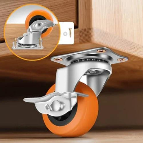 3 Inch Heavy Duty Caster Wheels Set of 16 with Brake, swivel top plate, polyurethane wheel attached to furniture, close-up view.