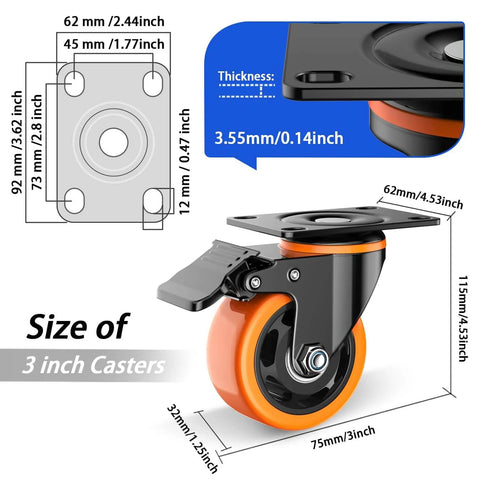 Diagram of 3 inch heavy duty caster wheels set of 4 with locking brakes silent industrial swivel plate casters rated 1600 lb total.
