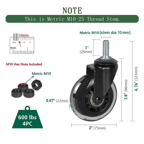 Image showing dimensions and specifications of 3 Inch Heavy Duty Caster Wheels Set Of Four With M10 25mm Threaded Stem For Furniture And Equipment.