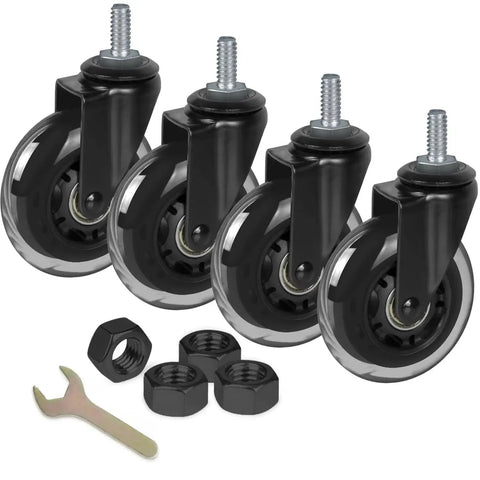 Set of four black 3 Inch Heavy Duty Caster Wheels with M10 25mm Threaded Stem, nuts, and wrench for furniture and equipment.