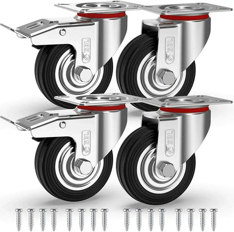 3 Inch Heavy Duty Caster Wheels With Two Brakes And Screws Set Of 4 Silent Rubber Castors For Furniture No Floor Marks Silver Trolleys