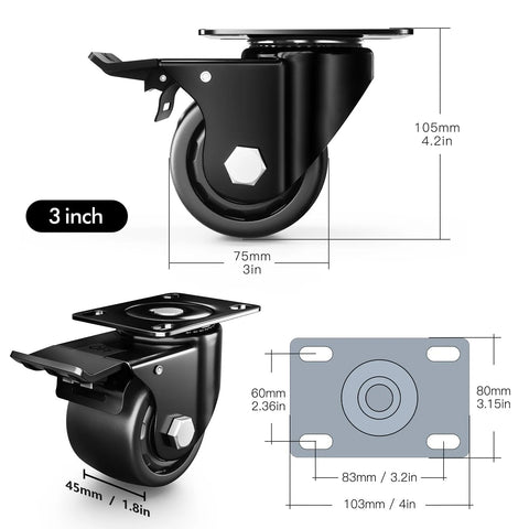 3 Inch Heavy Duty Casters Set of 4, Load 4400lbs, Locking Swivel Plate Industrial Casters with dimensions and features