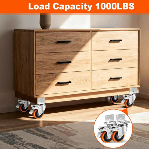 Wooden dresser on 3 Inch Side Mount Casters Set Of 4, L-Shape Heavy Duty Plate Casters With Brakes, 1000 Lbs Total Capacity
