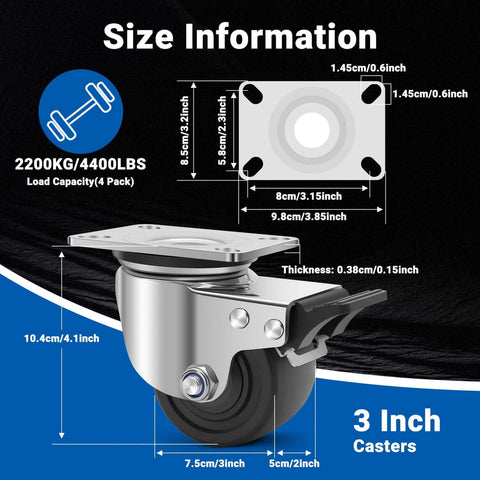 Size information diagram for 3 inch stainless steel heavy duty caster wheels set of 4 with swivel plate design, casters with brake rated 4400 lbs.
