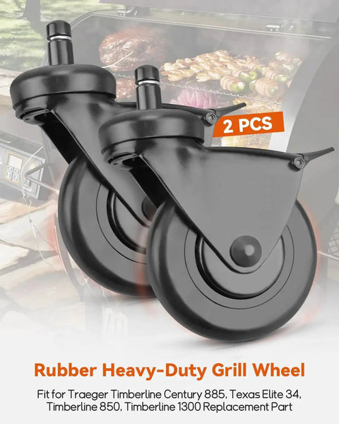 3-Inch Rubber Heavy-Duty Grill Wheel With Brake, 2-Piece Caster Wheel Replacement For Pellet Grills Including Timberline 1300 850