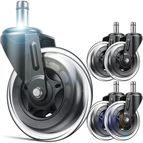 Office Chair Wheels Replacement 3 Inch Heavy Duty Rubber Caster Wheels For Hardwood Floors And Carpet, Quiet And Safe Rolling Chair Wheels Set Of 5, Universal Fit, Easy Installation, Lifetime Warranty