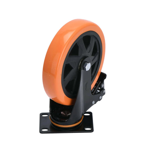 Close-up of 3 inch heavy duty plate swivel caster wheel set of 4 with safety brakes silent non marking PVC wheels rated 1800 lb